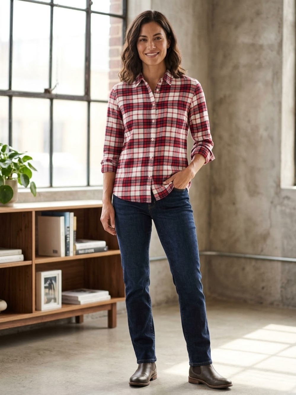 GAP Red and White Plaid Casual Button-Down Shirt - Size M